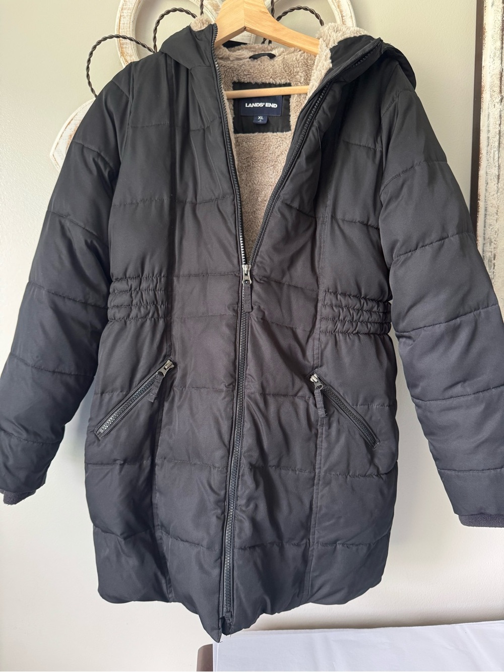 New! Lands’ End Size XL Black Fur Lined Girls Parka Coat